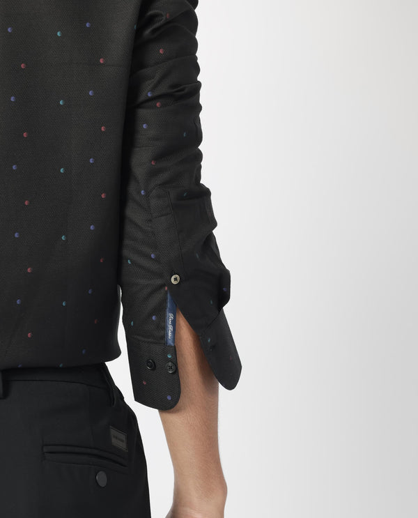 Rare Rabbit Men's Saturns Black Cotton Fabric Geo Dot Print Full Sleeves Shirt