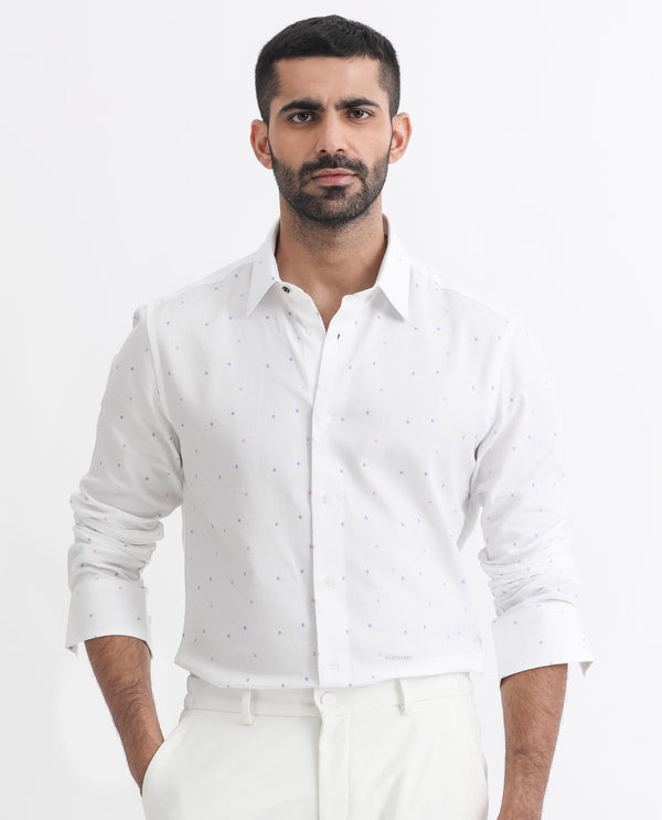Rare Rabbit Men's Saturns White Cotton Fabric Geo Dot Print Full Sleeves Shirt