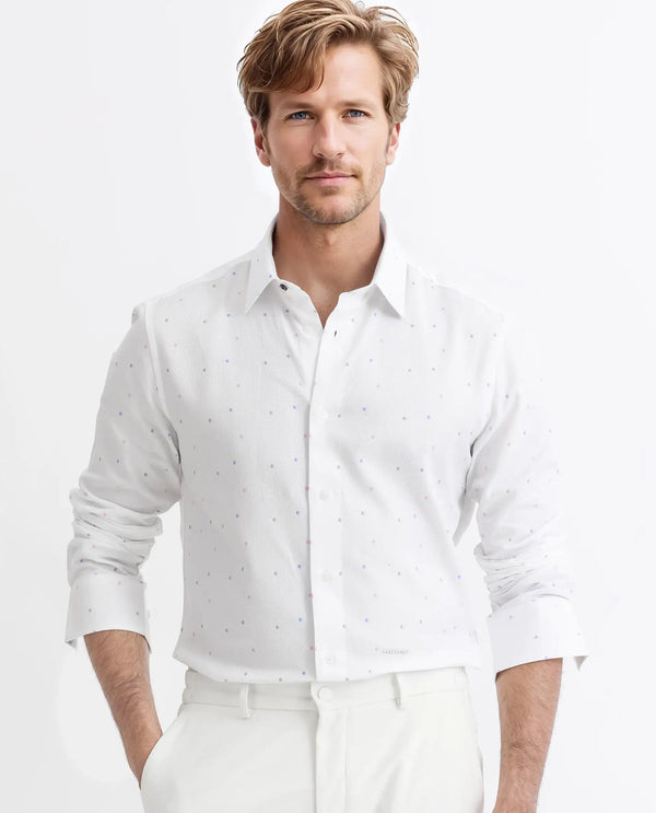Rare Rabbit Men's Saturns White Cotton Fabric Geo Dot Print Full Sleeves Shirt