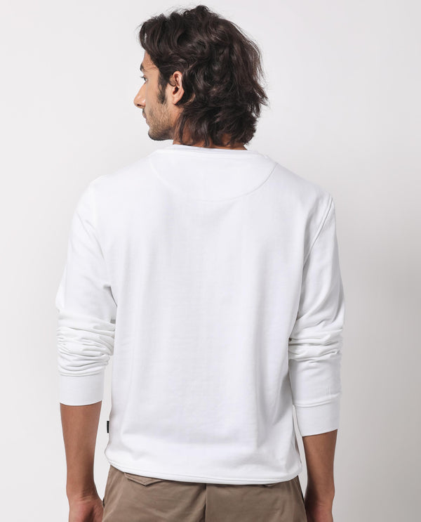 Rare Rabbit Men's Saul White Cotton Polyester Fabric Full Sleeves Graphic Branding Print Sweatshirt