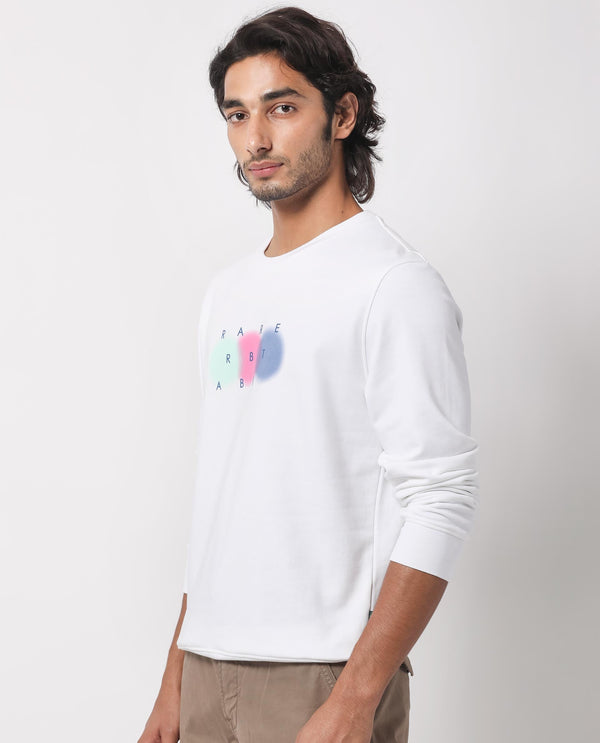 Rare Rabbit Men's Saul White Cotton Polyester Fabric Full Sleeves Graphic Branding Print Sweatshirt
