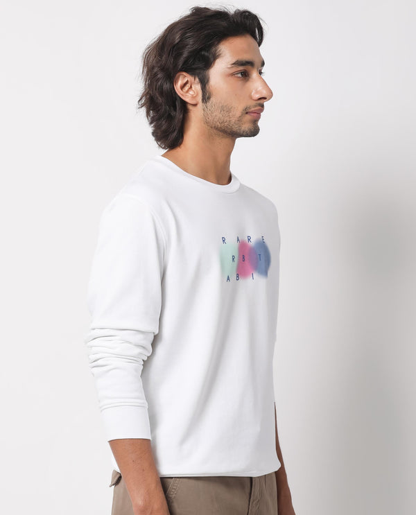 Rare Rabbit Men's Saul White Cotton Polyester Fabric Full Sleeves Graphic Branding Print Sweatshirt