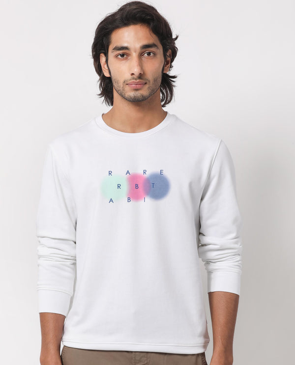 Rare Rabbit Men's Saul White Cotton Polyester Fabric Full Sleeves Graphic Branding Print Sweatshirt