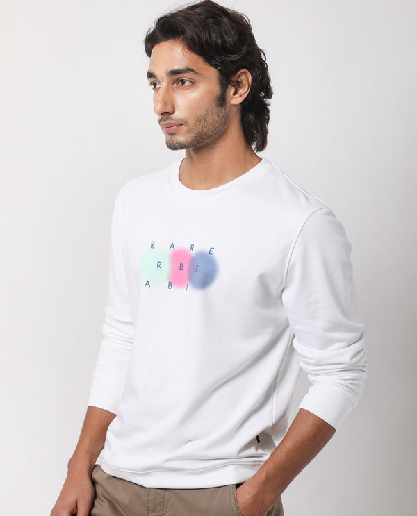 Rare Rabbit Men's Saul White Cotton Polyester Fabric Full Sleeves Graphic Branding Print Sweatshirt