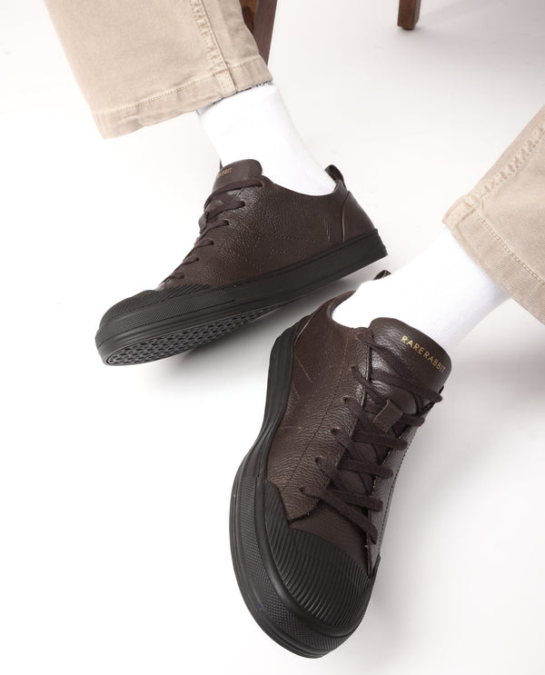 Rare Rabbit Mens Sauron Pro Dark Brown Premium Milled Leather Lace Up Low Top Round Toe Sneaker Shoes
