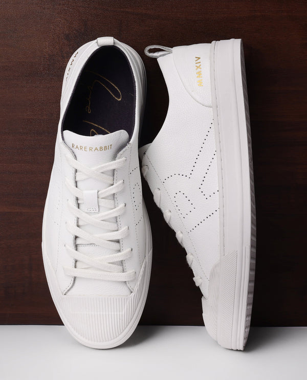 Rare Rabbit Mens Sauron Pro White Premium Milled Leather Lace Up Low Top Round Toe Sneaker Shoes