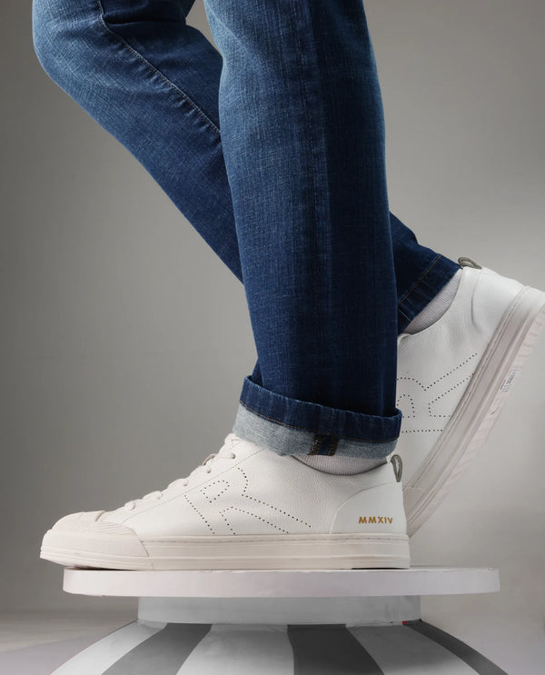 Rare Rabbit Mens Sauron Pro White Premium Milled Leather Lace Up Low Top Round Toe Sneaker Shoes