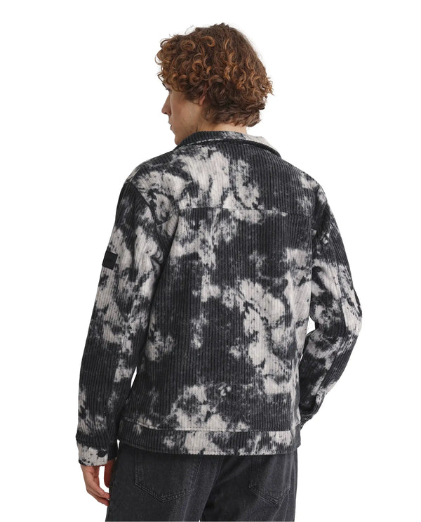Rare Rabbit Men Saurv Black Polyester Fabric Full Sleeves Broad Collar Ribbed Abstract Print Jacket