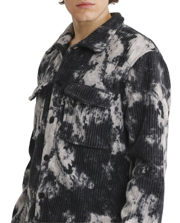 Rare Rabbit Men Saurv Black Polyester Fabric Full Sleeves Broad Collar Ribbed Abstract Print Jacket