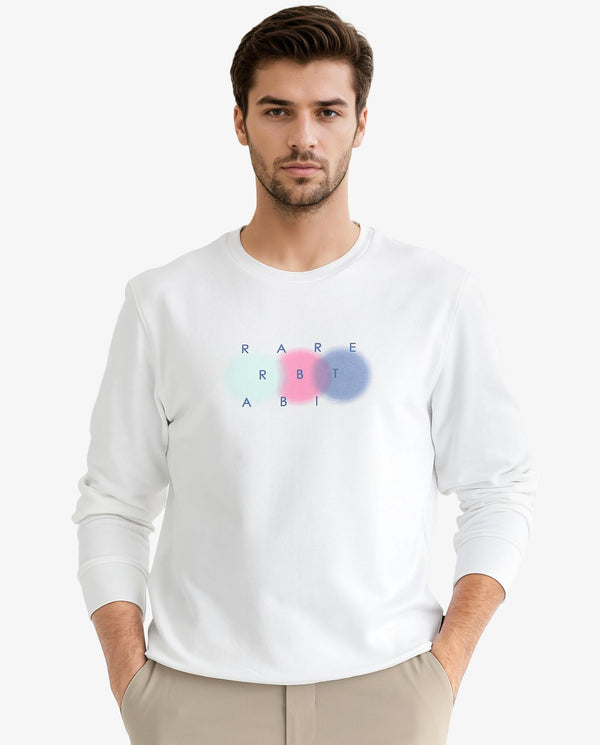 Rare Rabbit Men's Saul White Cotton Polyester Fabric Full Sleeves Graphic Branding Print Sweatshirt