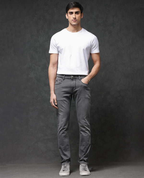 Rare Rabbit Mens Savoy Light Grey Rinse Wash Cotton Polyester Solid Slim Fit Jeans
