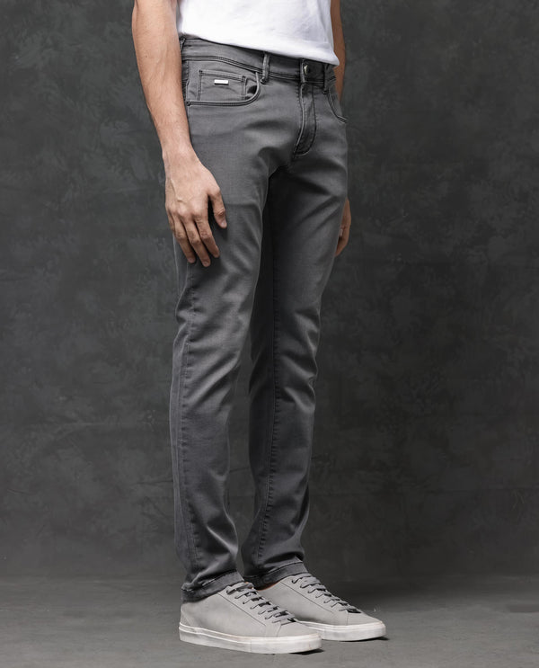 Rare Rabbit Mens Savoy Light Grey Rinse Wash Cotton Polyester Solid Slim Fit Jeans