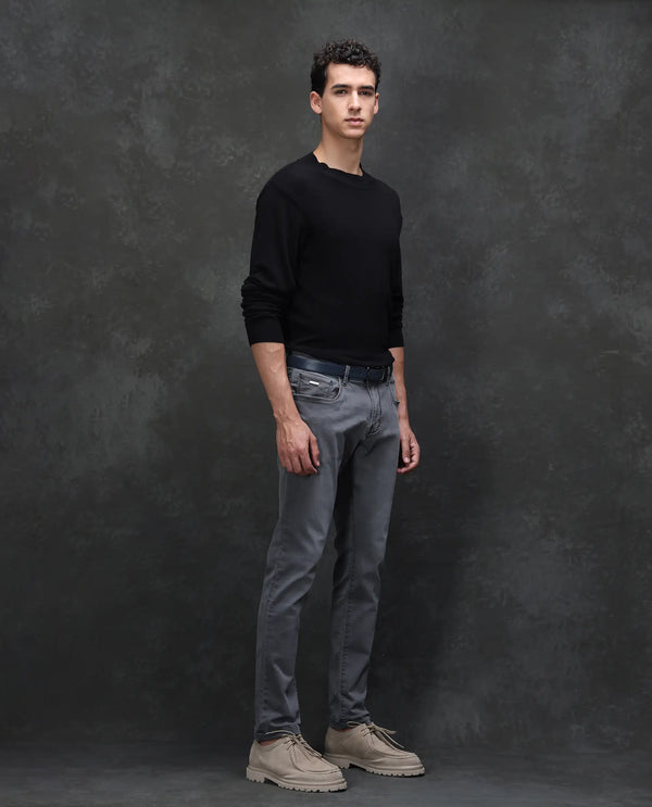 Rare Rabbit Mens Savoy Light Grey Rinse Wash Cotton Polyester Solid Slim Fit Jeans