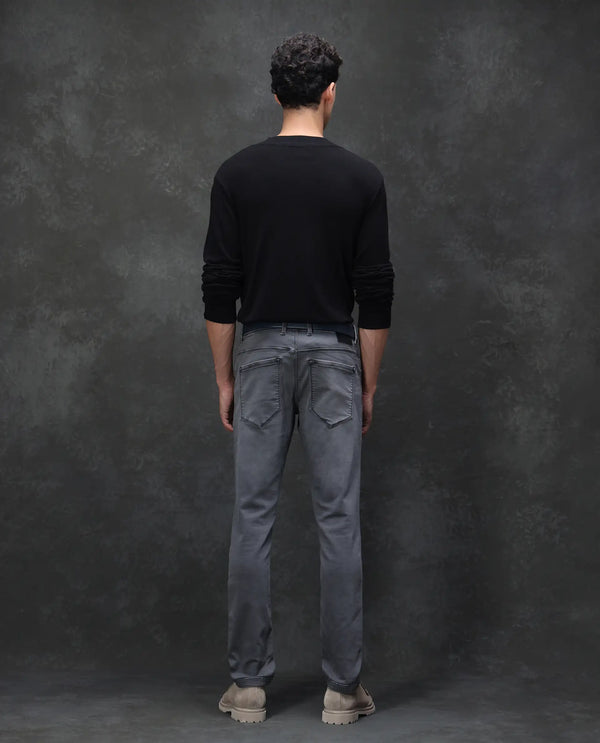 Rare Rabbit Mens Savoy Light Grey Rinse Wash Cotton Polyester Solid Slim Fit Jeans