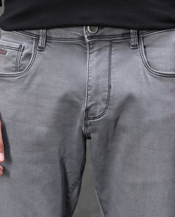 Rare Rabbit Mens Savoy Light Grey Rinse Wash Cotton Polyester Solid Slim Fit Jeans