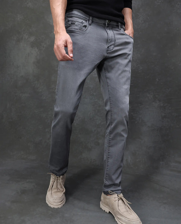 Rare Rabbit Mens Savoy Light Grey Rinse Wash Cotton Polyester Solid Slim Fit Jeans