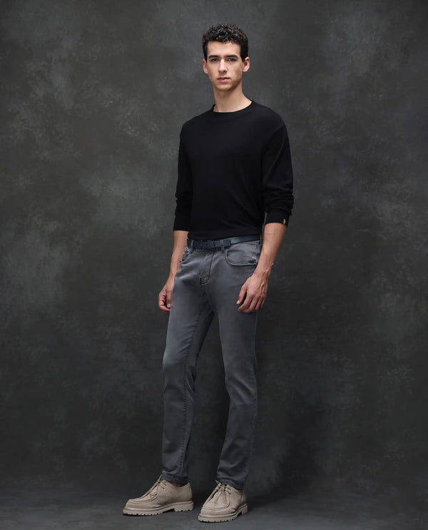Rare Rabbit Mens Savoy Light Grey Rinse Wash Cotton Polyester Solid Slim Fit Jeans