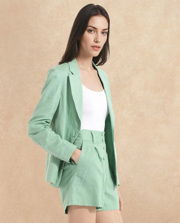 Rareism Women Savriko Green Full Sleeve Lapel Neck Button Plain Blazer