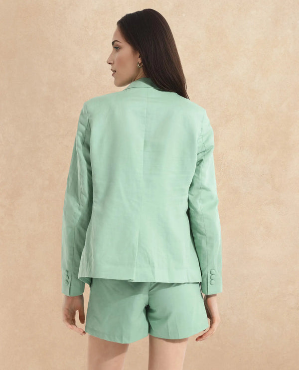 Rareism Women Savriko Green Full Sleeve Lapel Neck Button Plain Blazer
