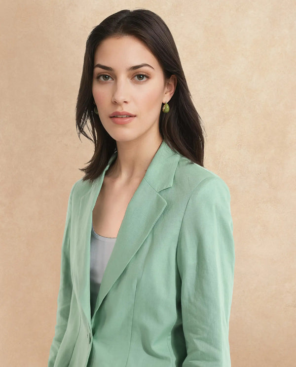 Rareism Women Savriko Green Full Sleeve Lapel Neck Button Plain Blazer