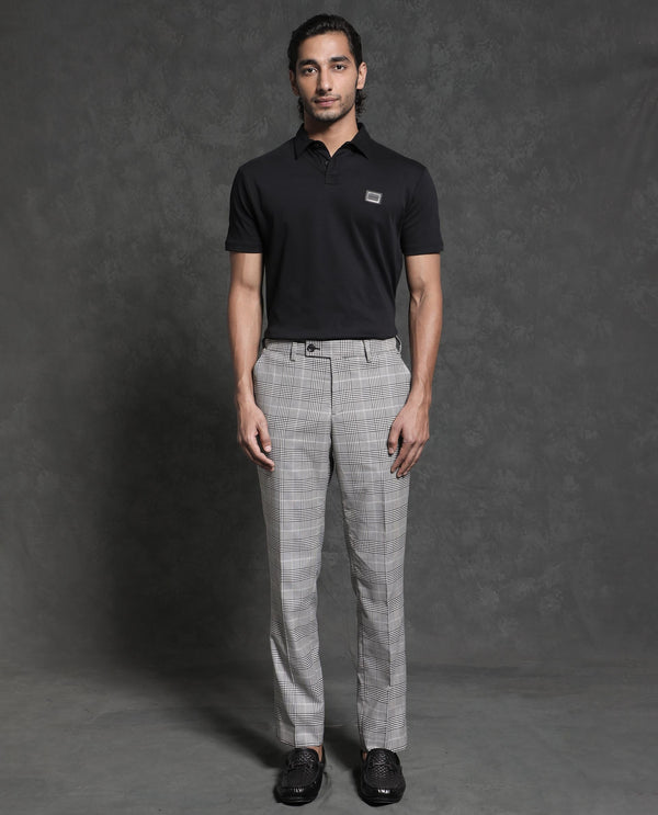 Rare Rabbit Men's Savvet Grey Mid-Rise Regular Fit Premium Checks Trouser