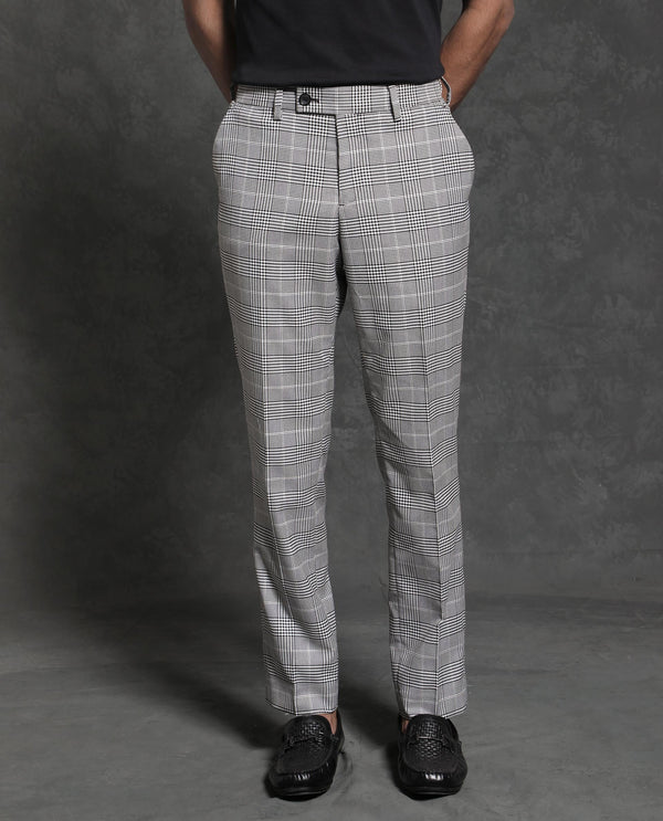 Rare Rabbit Men's Savvet Grey Mid-Rise Regular Fit Premium Checks Trouser