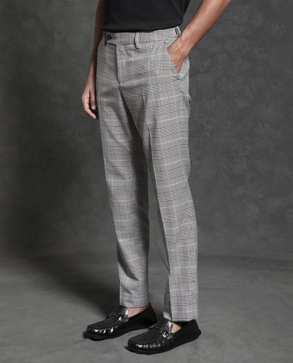 Rare Rabbit Men's Savvet Grey Mid-Rise Regular Fit Premium Checks Trouser