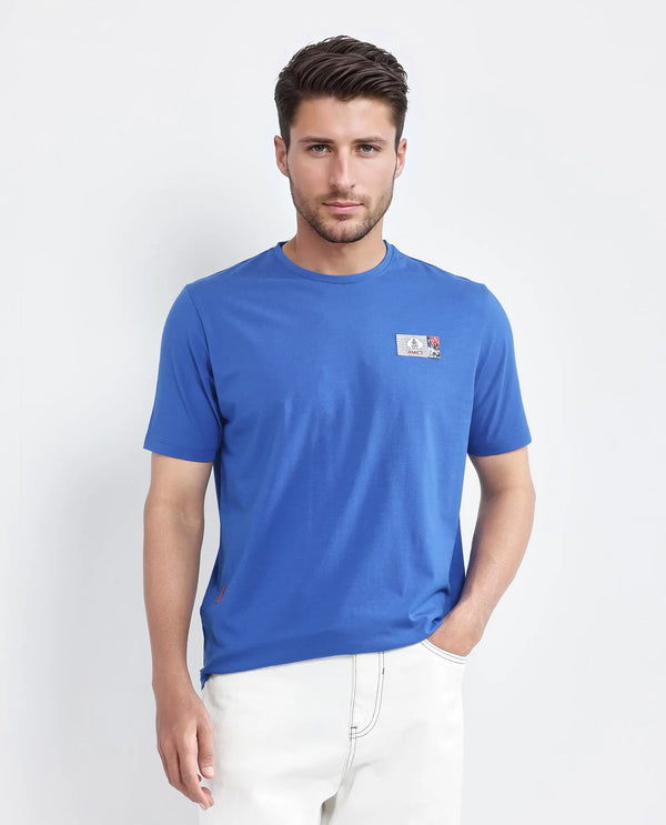 Rare Rabbit Men Saw Pastel Blue Cotton Lycra Fabric Short Sleeve Crew Neck Label Print T-Shirt