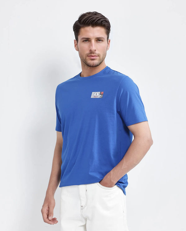 Rare Rabbit Men Saw Pastel Blue Cotton Lycra Fabric Short Sleeve Crew Neck Label Print T-Shirt