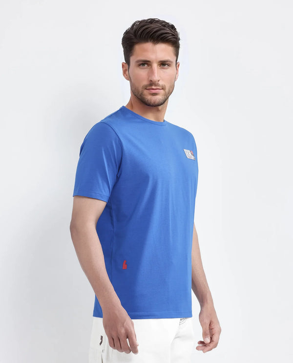Rare Rabbit Men Saw Pastel Blue Cotton Lycra Fabric Short Sleeve Crew Neck Label Print T-Shirt