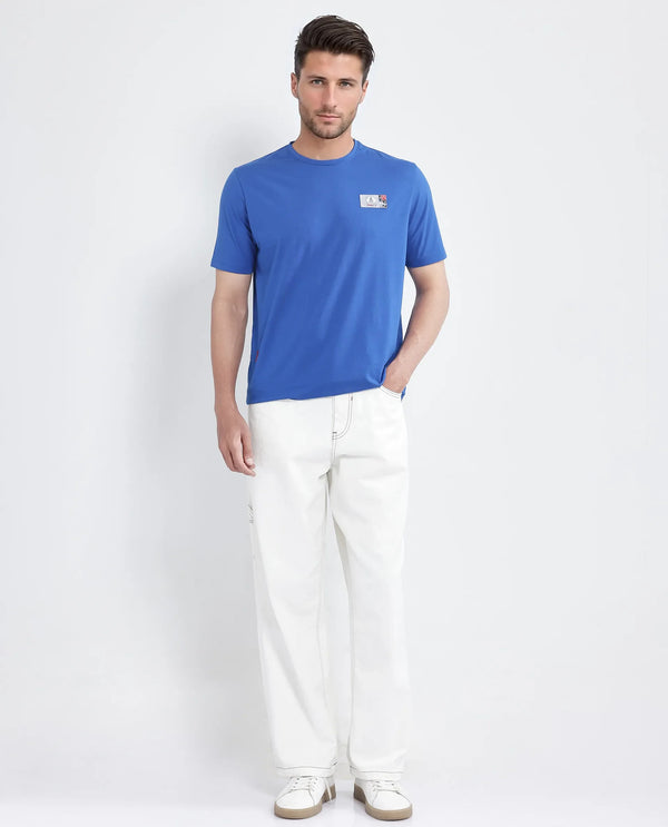 Rare Rabbit Men Saw Pastel Blue Cotton Lycra Fabric Short Sleeve Crew Neck Label Print T-Shirt