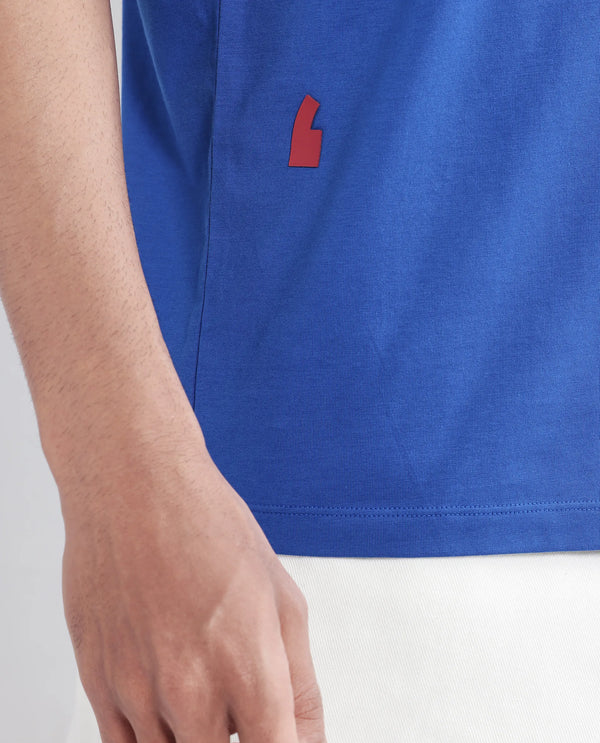 Rare Rabbit Men Saw Pastel Blue Cotton Lycra Fabric Short Sleeve Crew Neck Label Print T-Shirt