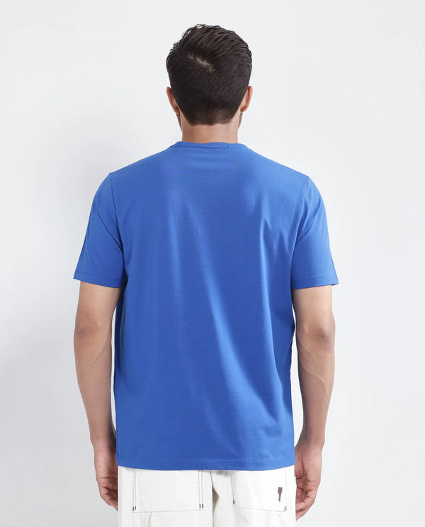 Rare Rabbit Men Saw Pastel Blue Cotton Lycra Fabric Short Sleeve Crew Neck Label Print T-Shirt