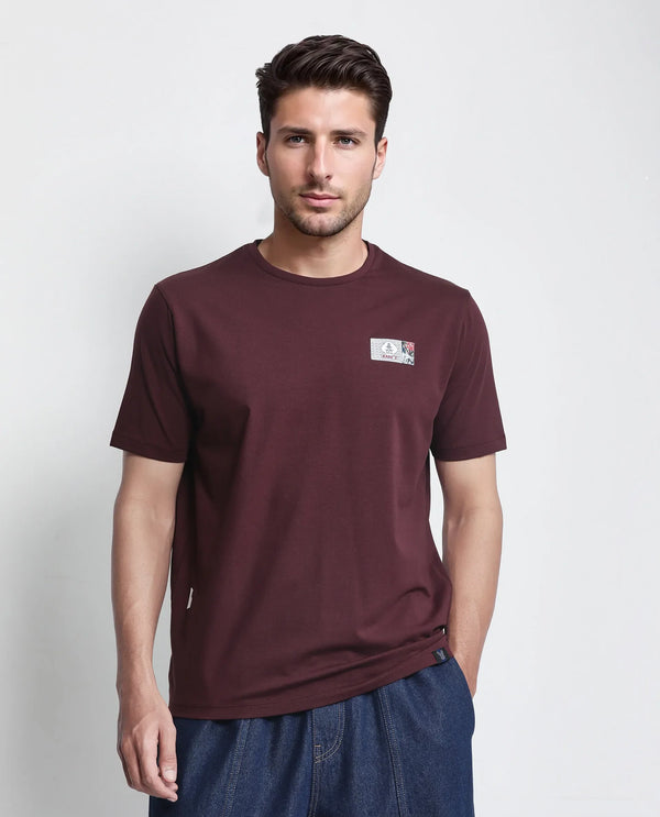 Rare Rabbit Men Saw Pastel Maroon Cotton Lycra Fabric Short Sleeve Crew Neck Label Print T-Shirt