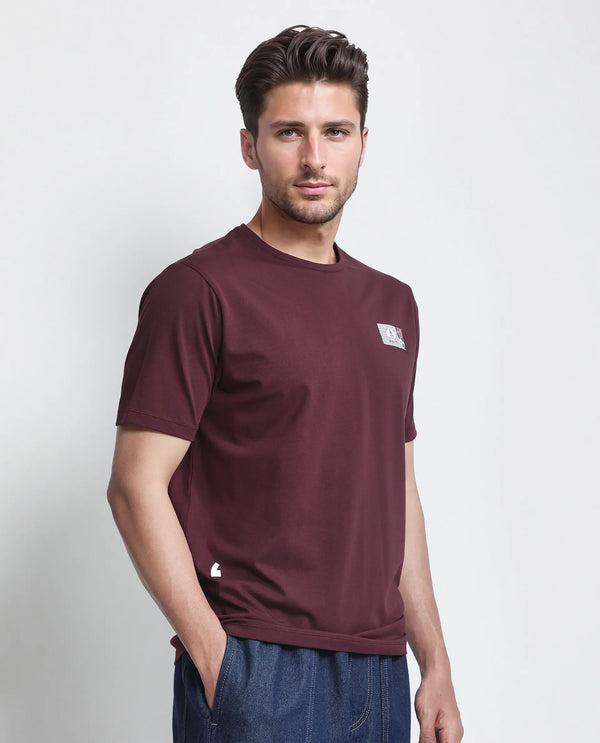 Rare Rabbit Men Saw Pastel Maroon Cotton Lycra Fabric Short Sleeve Crew Neck Label Print T-Shirt