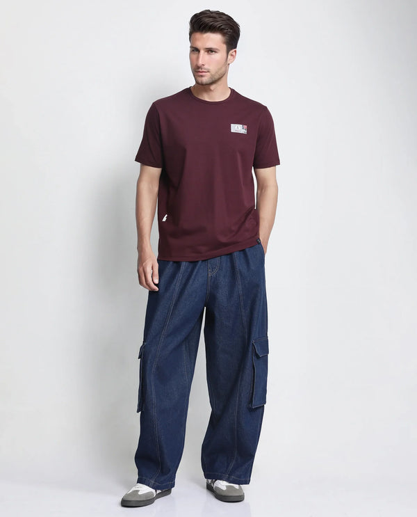 Rare Rabbit Men Saw Pastel Maroon Cotton Lycra Fabric Short Sleeve Crew Neck Label Print T-Shirt
