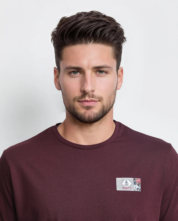 Rare Rabbit Men Saw Pastel Maroon Cotton Lycra Fabric Short Sleeve Crew Neck Label Print T-Shirt