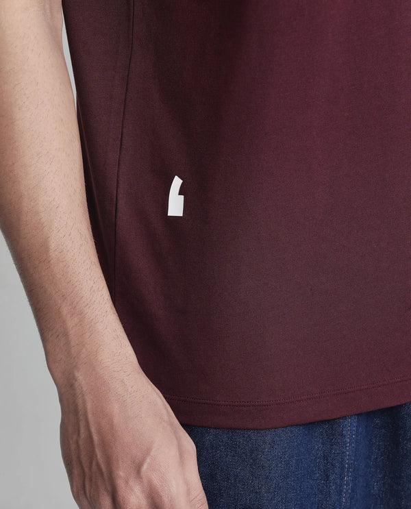 Rare Rabbit Men Saw Pastel Maroon Cotton Lycra Fabric Short Sleeve Crew Neck Label Print T-Shirt