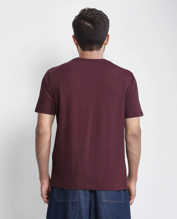 Rare Rabbit Men Saw Pastel Maroon Cotton Lycra Fabric Short Sleeve Crew Neck Label Print T-Shirt