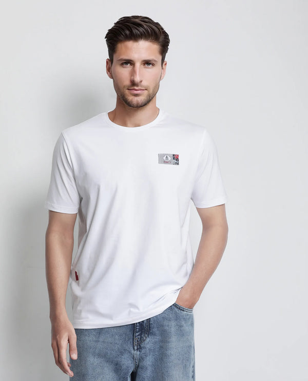 Rare Rabbit Men Saw White Cotton Lycra Fabric Short Sleeve Crew Neck Label Print T-Shirt