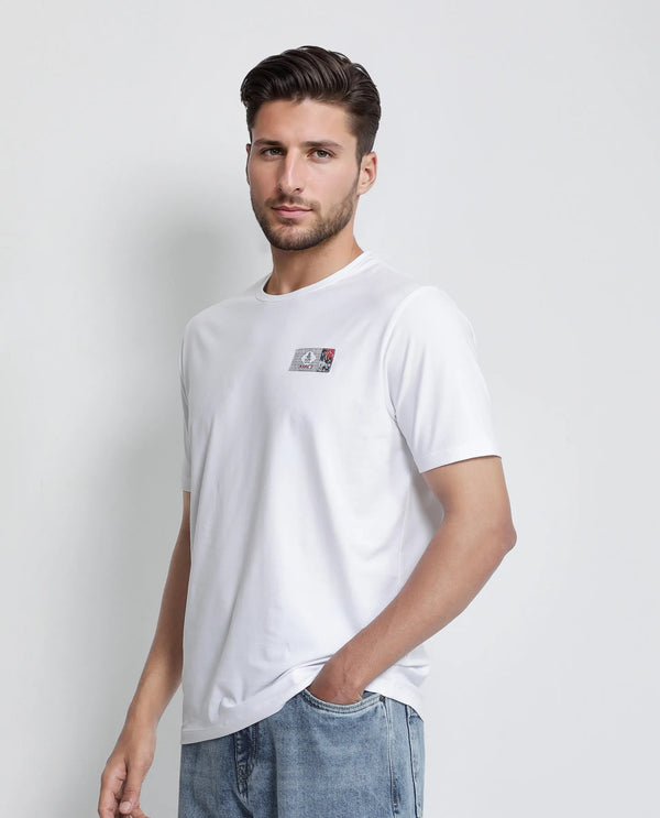 Rare Rabbit Men Saw White Cotton Lycra Fabric Short Sleeve Crew Neck Label Print T-Shirt