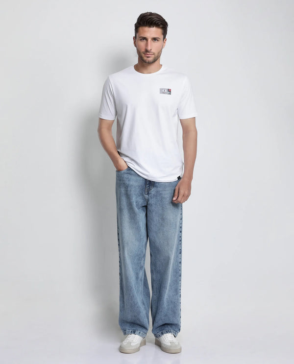 Rare Rabbit Men Saw White Cotton Lycra Fabric Short Sleeve Crew Neck Label Print T-Shirt