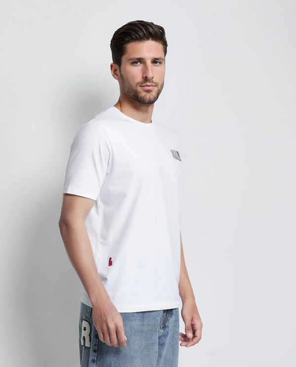 Rare Rabbit Men Saw White Cotton Lycra Fabric Short Sleeve Crew Neck Label Print T-Shirt