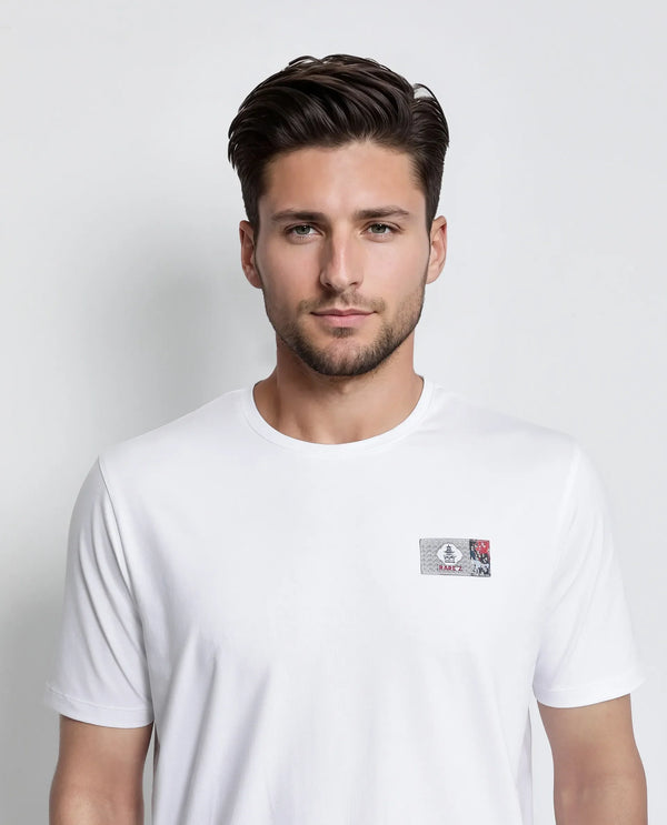 Rare Rabbit Men Saw White Cotton Lycra Fabric Short Sleeve Crew Neck Label Print T-Shirt