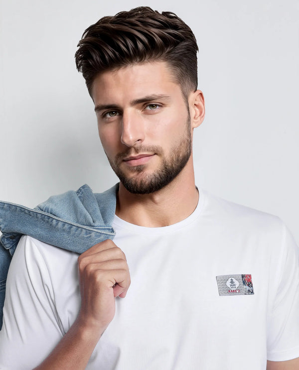 Rare Rabbit Men Saw White Cotton Lycra Fabric Short Sleeve Crew Neck Label Print T-Shirt