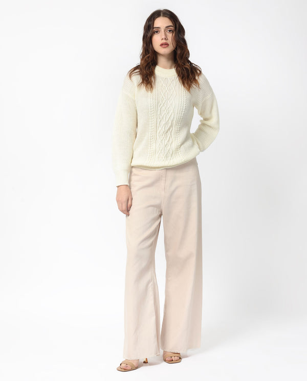 Rareism Women Schitt Off White Acrylic Fabric Full Sleeves Relaxed Fit Solid High Neck Sweater