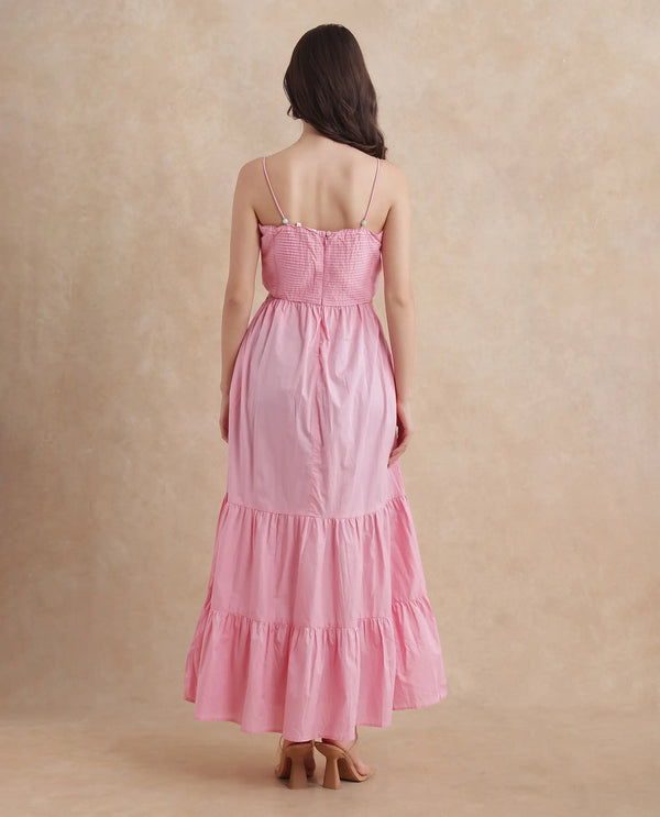 Rareism Women's Schor Pink Cotton Fabric Shoulder Straps Zipper Closure  Plain Fit And Flare Maxi Dress