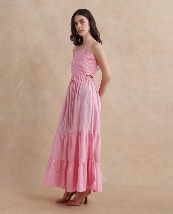 Rareism Women's Schor Pink Cotton Fabric Shoulder Straps Zipper Closure  Plain Fit And Flare Maxi Dress