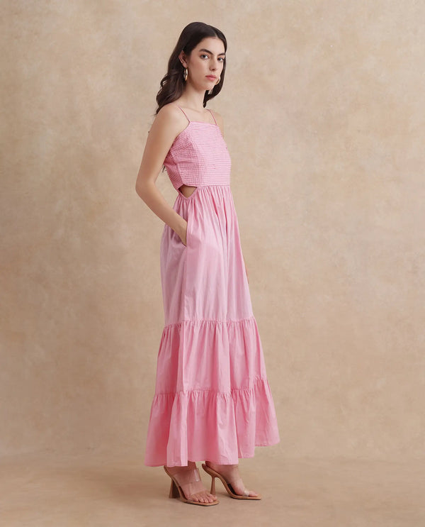 Rareism Women's Schor Pink Cotton Fabric Shoulder Straps Zipper Closure  Plain Fit And Flare Maxi Dress