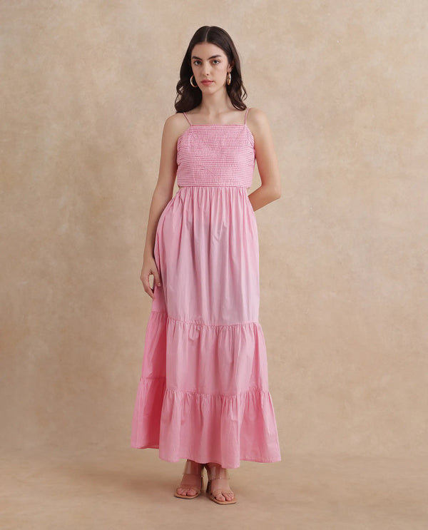 Rareism Women's Schor Pink Cotton Fabric Shoulder Straps Zipper Closure  Plain Fit And Flare Maxi Dress